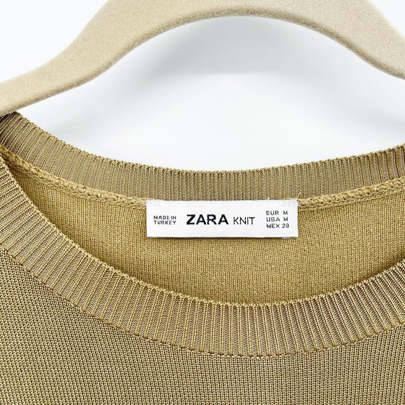 Zara Knit Cropped Sweater Gold Size M Long Puff Sleeve Pullover Crewneck Cotton - Picture 5 of 10